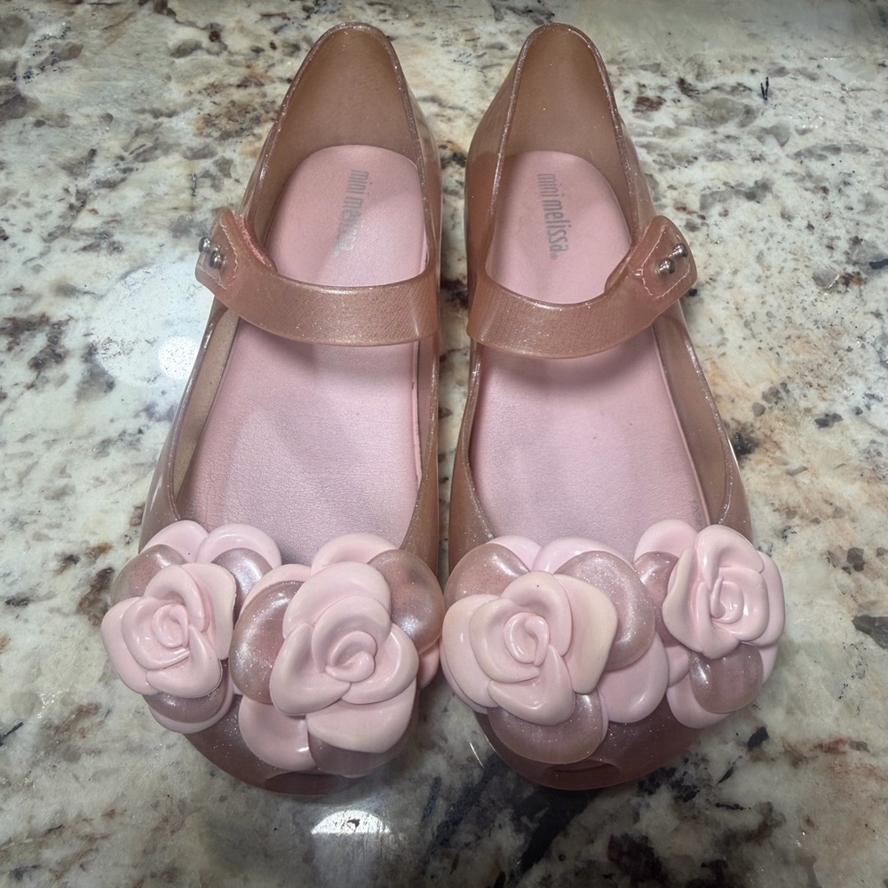 Mini Melissa Rose Gold Jelly Shoes with Floral Design